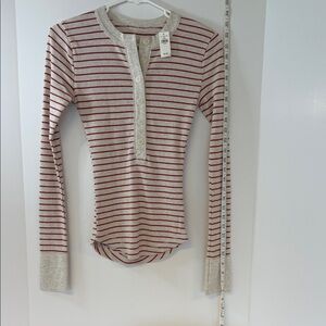 aerie Cream and Red Striped Henley Long-Sleeve Top